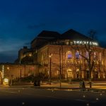 building, architecture, illuminated, city lights, stadttheater, freiburg, facade, culture, historical, art, music, night, sky