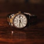 silver link bracelet round analog watch