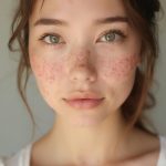 A person with green eyes and freckles across their cheeks and nose